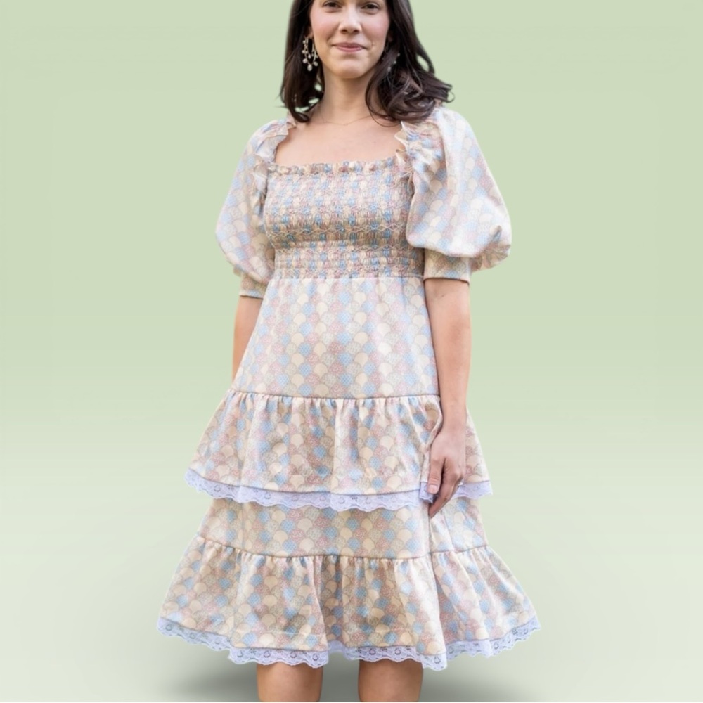 Dondolo smocked prairie inspired tiered lace detail midi dress